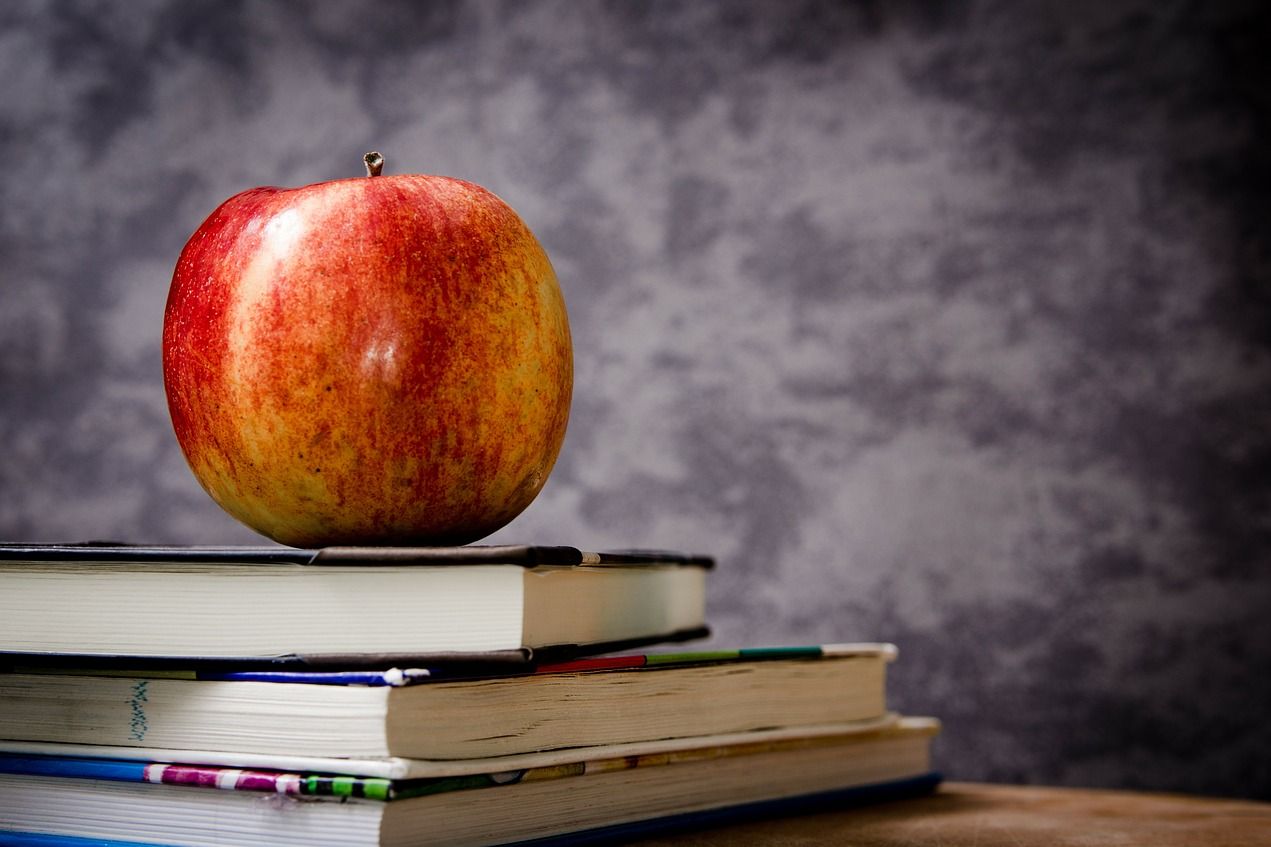 apple on a stack of books behind a classroom chalkboard